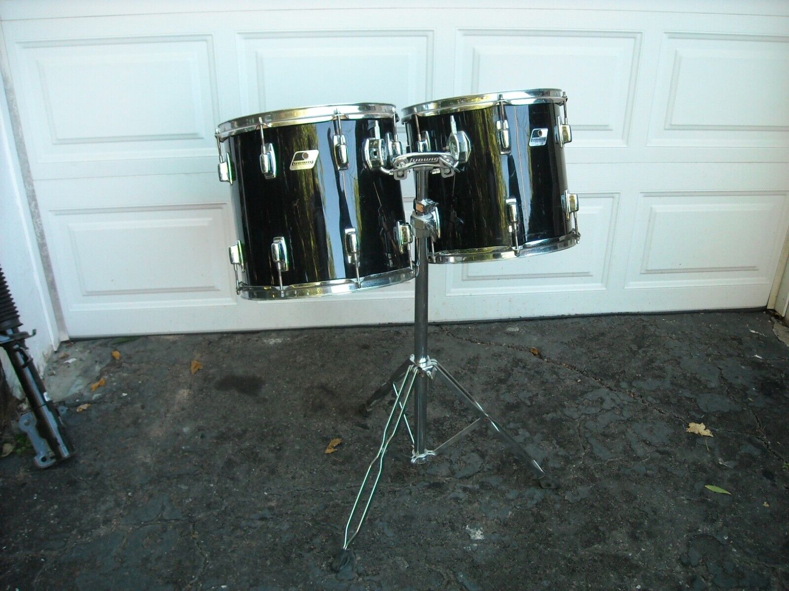 2 1980's Black Ludwig Tom's With Double Tom Stand 13" & 14"